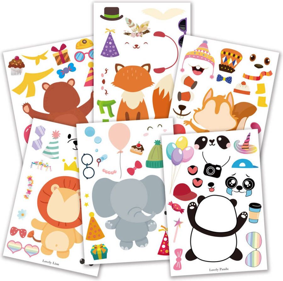 Creatieve Materialen Puzzel Stickers Zelf Gezichten Maken en Aankleden Dieren Leeuw Eekhoorn Panda Beer Olifant Vos 6x4 stickervellen