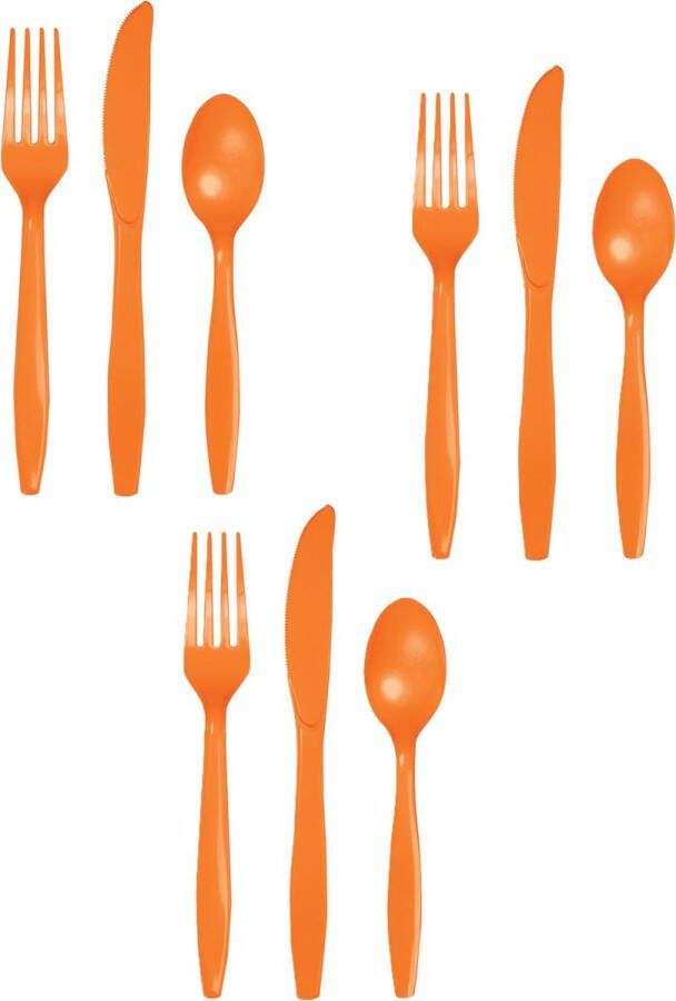 Creative Converting Feest bestek setje 24 personen herbruikbaar kunststof oranje messen vorken lepels