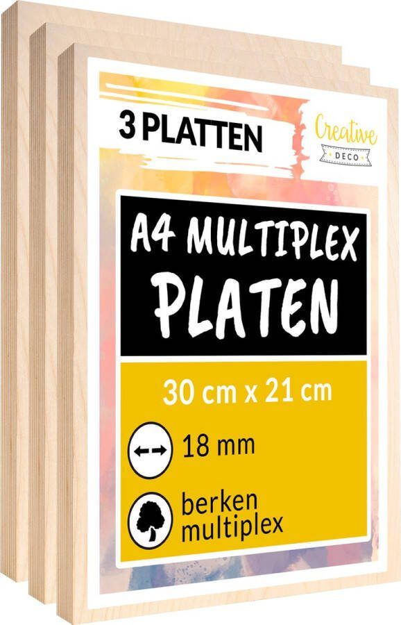 Creative Deco 3 x A4 multiplex plaat 18mm 300 x 210 mm berken multiplex laser-geschikt dun hout blanks perfecte plaat voor lasergraveren lasersnijden fretwork pyrografie CNC router