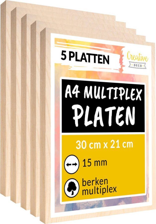 Creative Deco 5 x A4 multiplex plaat 15mm 300 x 210 mm berken multiplex laser-geschikt dun hout blanks perfecte plaat voor lasergraveren lasersnijden fretwork pyrografie CNC router