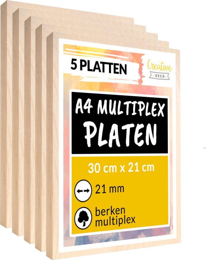 Creative Deco 5 x A4 multiplex plaat 21mm 300 x 210 mm berken multiplex laser-geschikt dun hout blanks perfecte plaat voor lasergraveren lasersnijden fretwork pyrografie CNC router