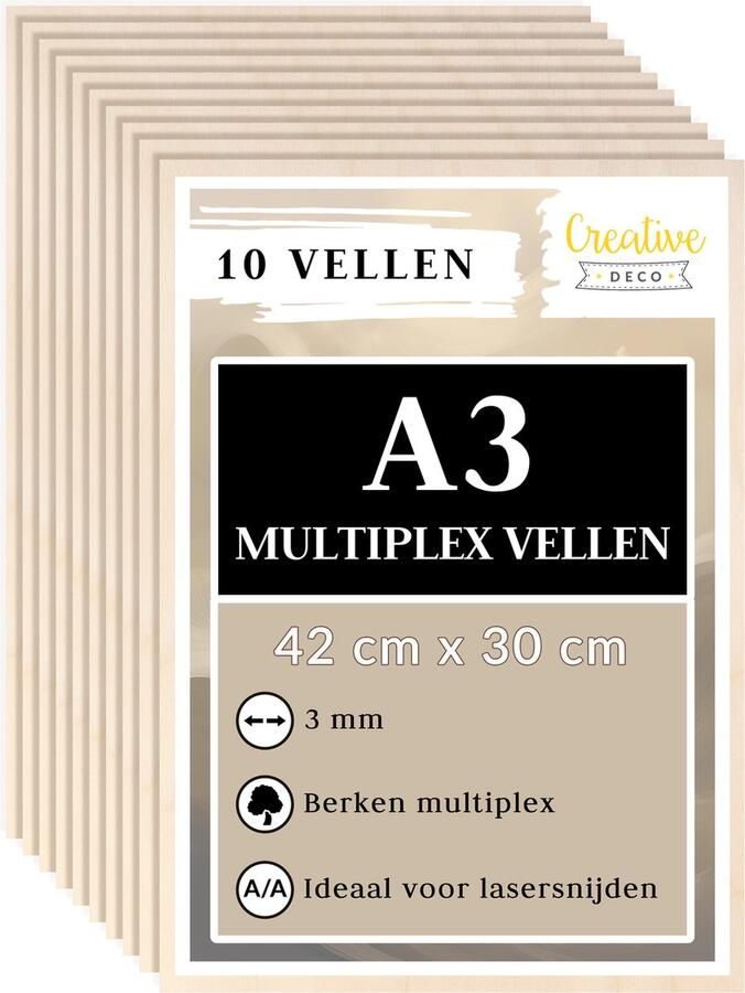 Creative Deco 10 x A3 multiplex plaat 3mm 420 x 300 mm berken multiplex laser-geschikt dun hout blanks perfecte plaat voor lasergraveren lasersnijden fretwork pyrografie CNC router