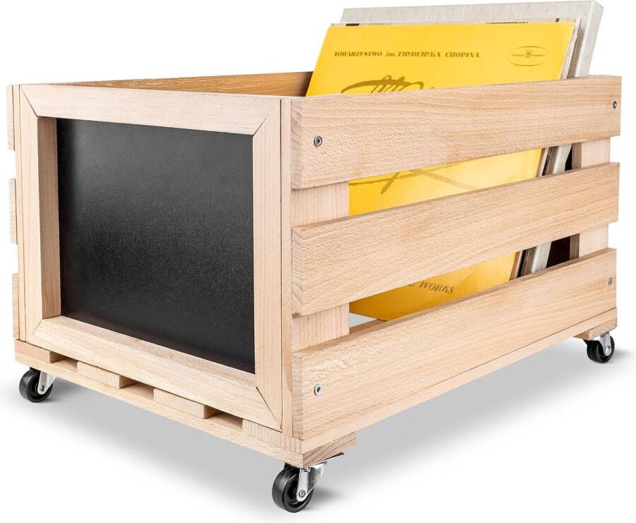 Creative Deco Opbergkist voor LP's met krijtbord Opbergbox voor 80 Platen Plank Houten Kist Op Wieltjes 46 x 36 x 29 cm (+ - 1cm) Vinyldoos Platenkist Hout Voor Fruit Wijn Speelgoedkist