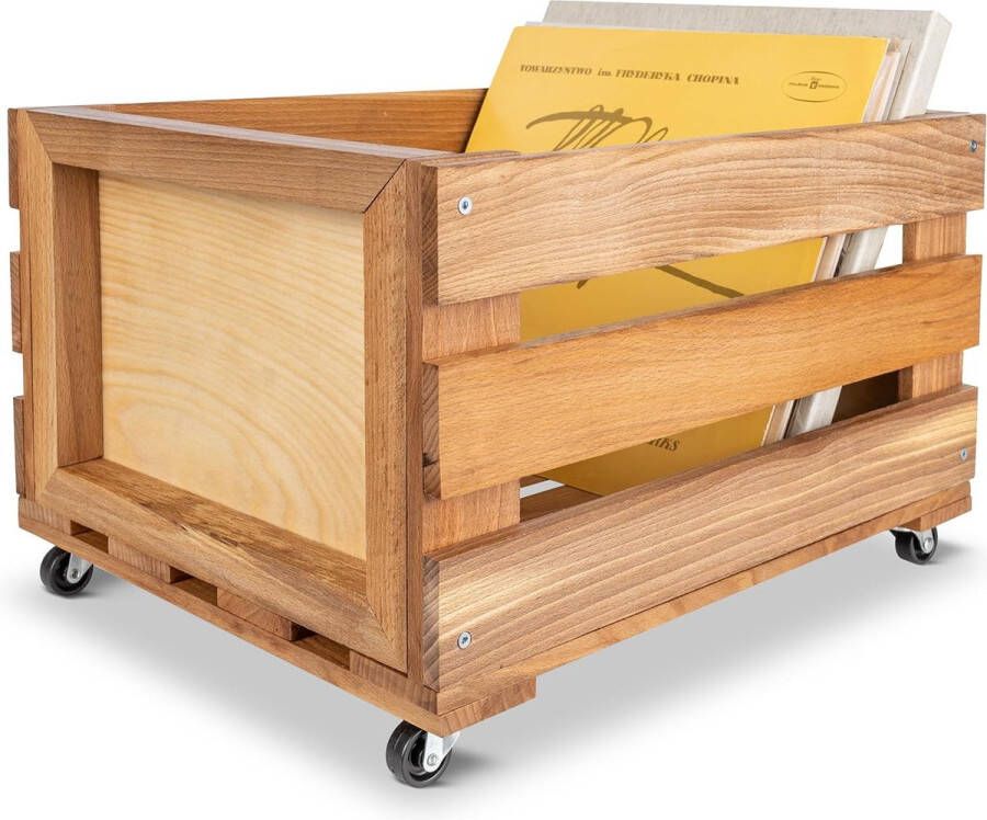 Creative Deco Opbergkist voor LP's Opbergbox voor 80 Platen Houten Plank Box Met Wielen 46 x 36 x 29 cm (+ - 1cm) Vinyldoos Platenkist Hout Voor Fruit Wijn Speelgoedkist