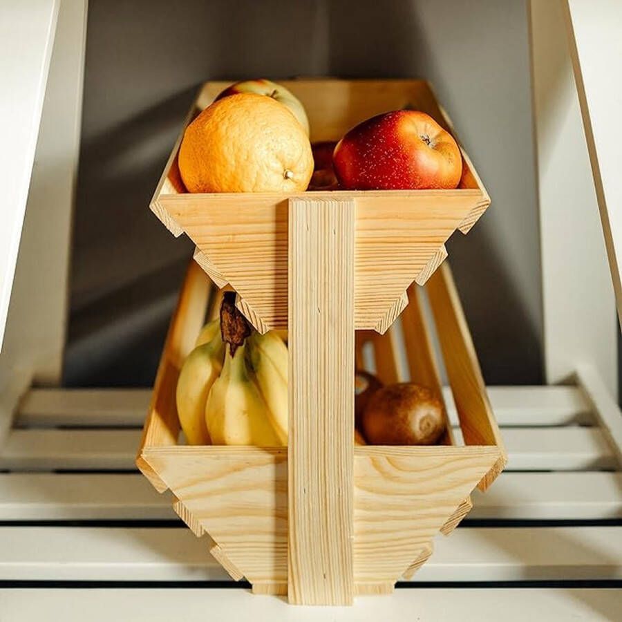 Creative Home Tweelaagse Fruitmand Dienblad Geolied Hout 36 x 28 x 30 cm Fruit Groenten Snacks Keuken Eetkamer