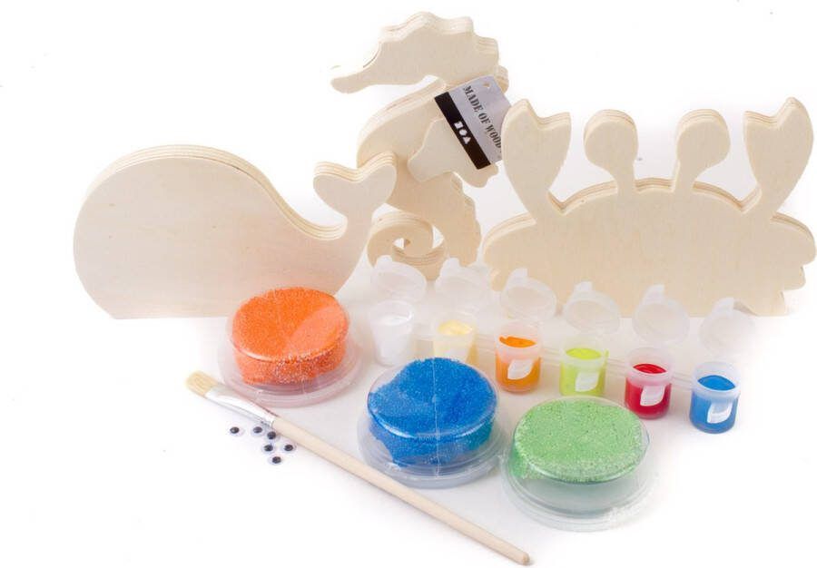 Creotime Creatief pakket oceaan dieren onder water houten krab walvis zeepaardje verf foam clay knutselen kinderfeest kinderkamer decoratief decoratie