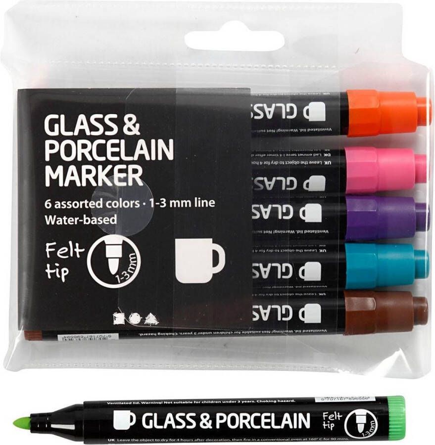 Creotime Glas- & Porseleinstiften extra kleuren lijndikte 1-3 mm semi-dekkend 6 stuk 1 doos