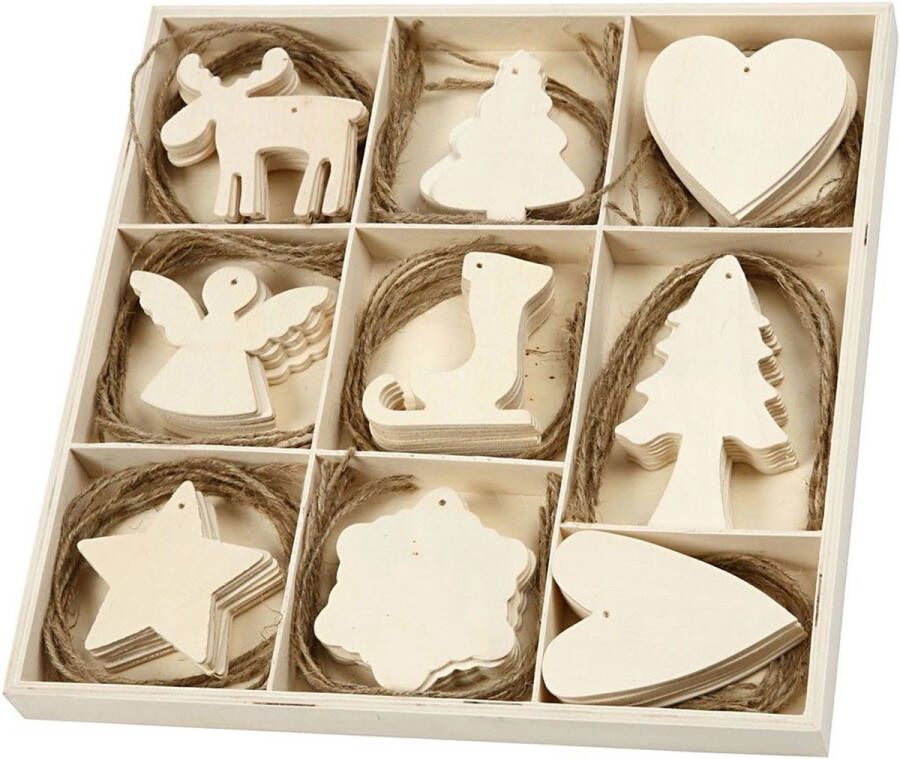 Creativ company Houten ornamenten Assortiment afm 7-8 cm triplex Kerst 72 assorti