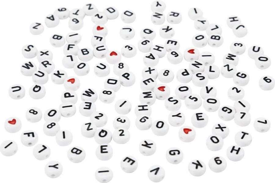 Creotime Letterkralen Kralen Met Letters Rond Wit Met Zwarte Letters 7mm Gatgrootte: 1 2mm Ongeveer 200 Stuks