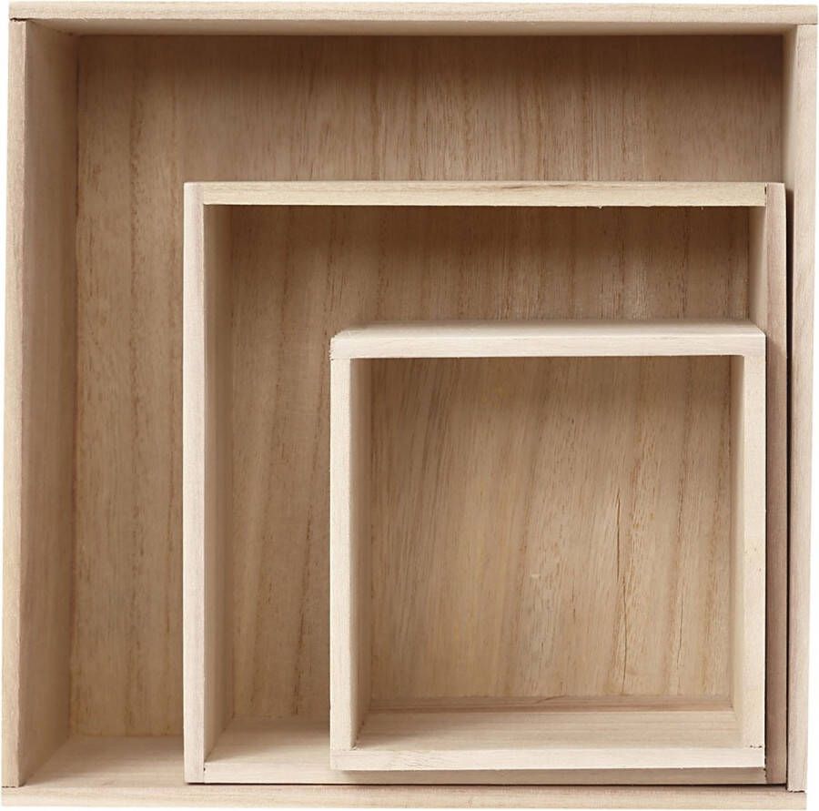 Creotime Houten voorraaddozen grootste maat 28x28x12 5 cm Keizerin boom vierkant 3 assorti