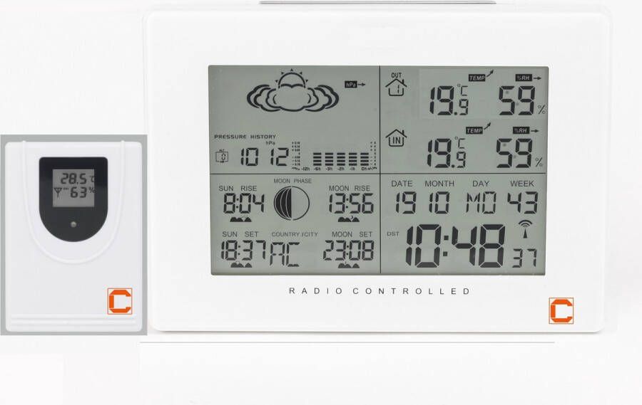 Cresta Care DTX370S Wit zeer uitgebreid digitaal weerstation voor binnen en buiten | Barometer | Maanstand |Zonnestand | Weersvoorspelling | Draadloze buitensensor.