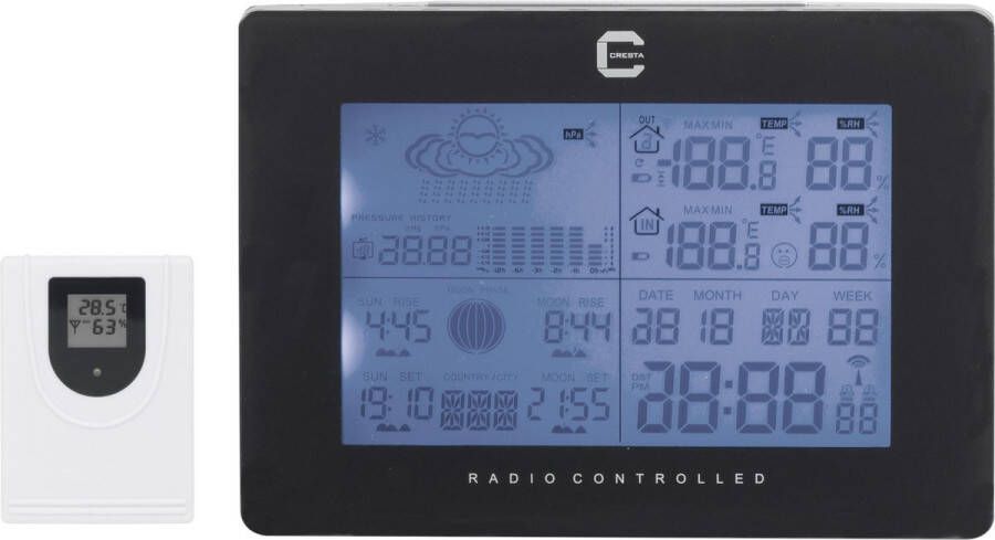 Cresta De Care DTX370S Zwart is een fantastisch zeer uitgebreid digitaal weerstation voor binnen en buiten met barometer maanstand zonnestand weersvoorspelling en draadloos buitensensor.