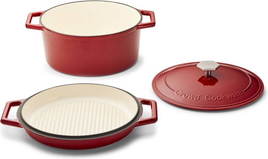 Crowd Cookware The Tasman Dutch Oven en Grill Kookpot Gerecycled Gietijzer met traditionele en grill deksel Ø29 cm – Rood