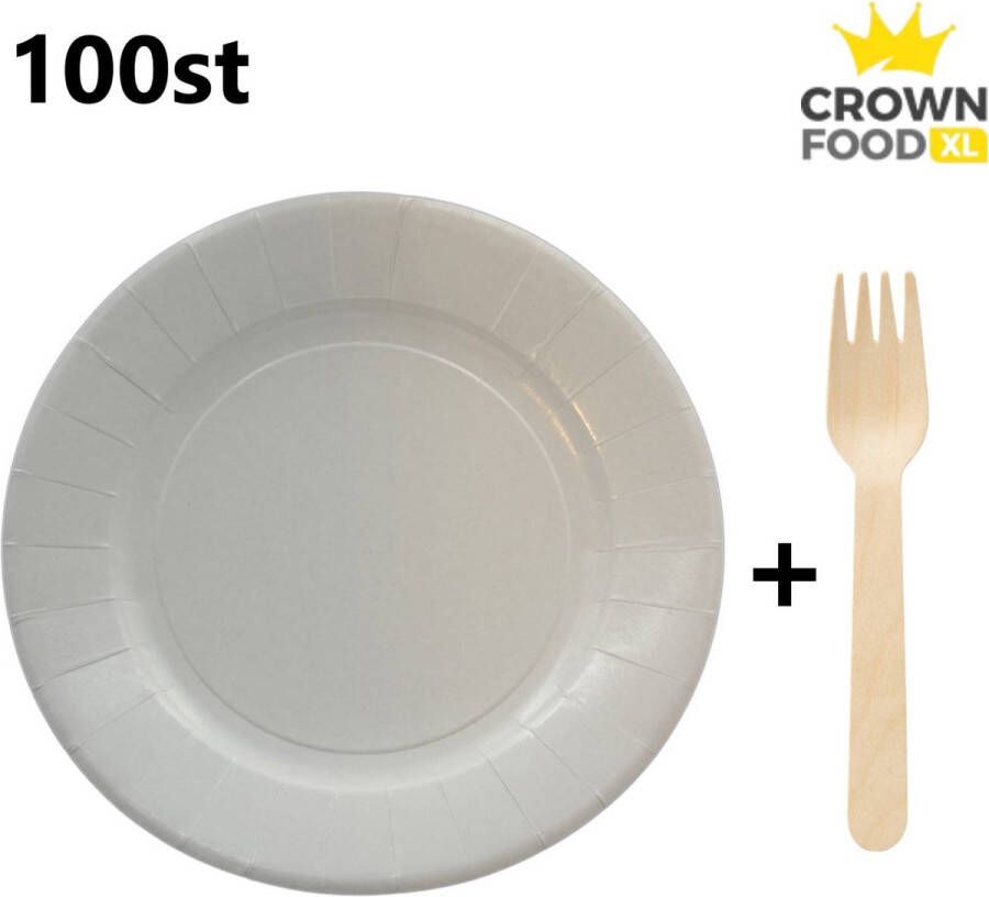 Crown Food 100st papieren bord rond 30cm + houten vorken wegwerp bestek servies XL