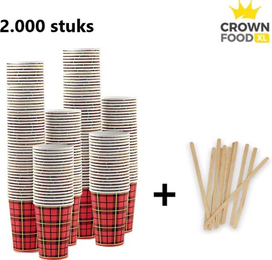 Crown Food 2.000st Kartonnen bekers 180ml + houten roerstaafjes wegwerp scotty schotse ruit XL