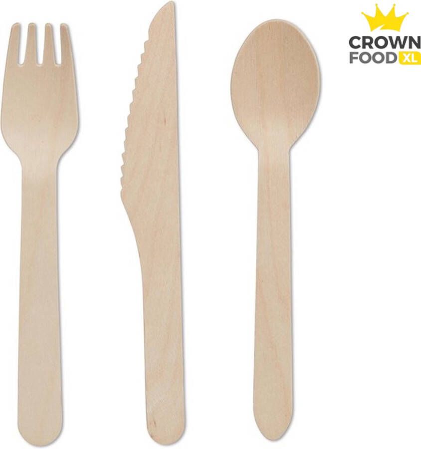 Crown Food Houten wegwerp bestek set 600st totaal 200 vorken 200 messen 200 lepels XL