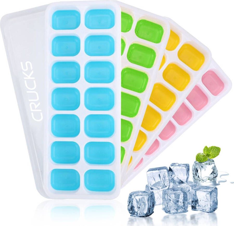 Crucks IJsblokjesvormen met Deksel 4 Stuks 56 IJsblokjes Siliconen BPA Vrij Blauw-Groen-Geel-Roze