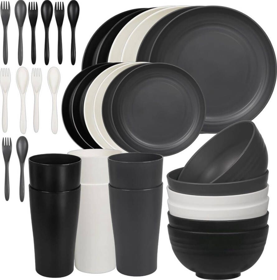 CSY 36-delige servies set Zwart wit grijs Herbruikbaar voor 6 personen 36 stuks camping serviesset Kunststof campingservies Bordenset kommen kopjes Picknick serviesgoed Lichtgewicht Onbreekbaar Kleurrijk BPA vrij