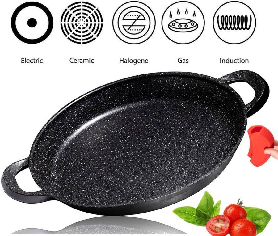 CUILINA Paella pan – Duitse GREBLON antiaanbaklaag Marmer coating 36 cm- voor Inductie en alle warmtebronnen Met afneembare siliconen handvatten.