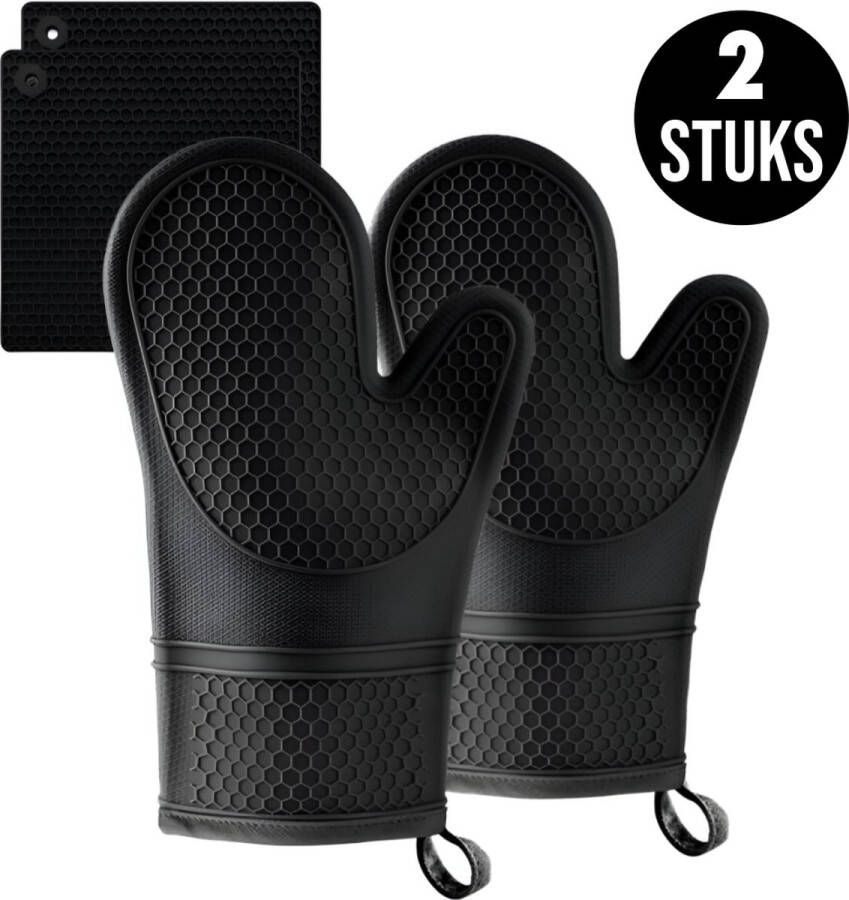 Cuisimax Set van 2 Siliconen Ovenwanten Extra Lang Dubbel Gevoerd Inclusief Pannenlappen Hittebestendig tot 250°C Ideaal voor BBQ & Keuken Anti slip Zwart