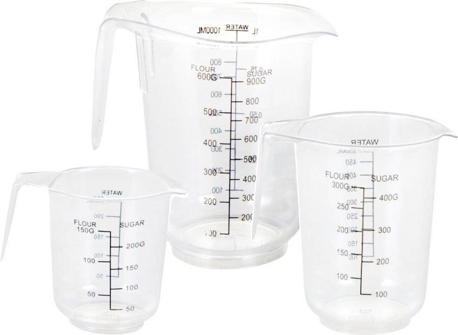 Excellent Houseware Set van 3x stuks maatbekers transparant 250 ml 500 ml 1000 ml Maatbekers