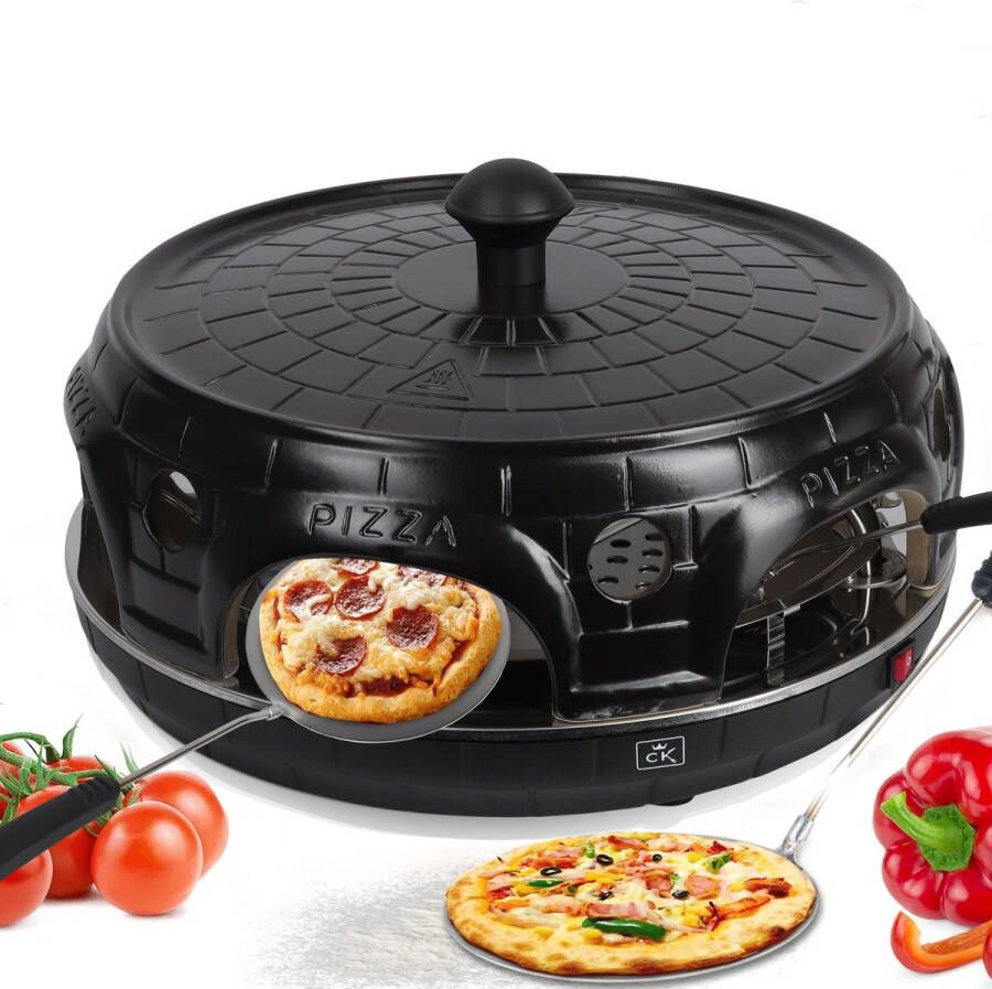 Cuisineking Pizza Oven Black Edition 6 Personen Handgemaakte Terracotta Koepel RVS bakplaat 1100 Watt Pizza Gou rette Incl. 6 Spatels en deegvorm