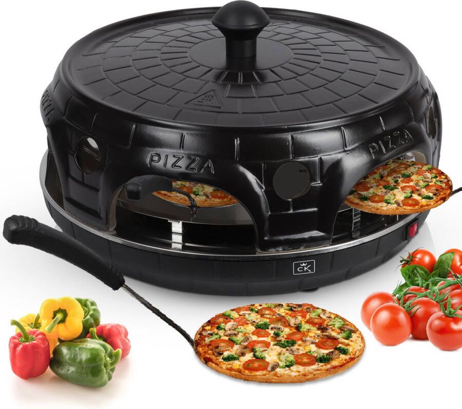 Cuisineking Pizza Oven Black Edition 6 Personen Handgemaakte Terracotta Koepel RVS bakplaat 1100 Watt Pizzaovens Pizza Gourmetstel Incl. 6 Spatels en deegvorm