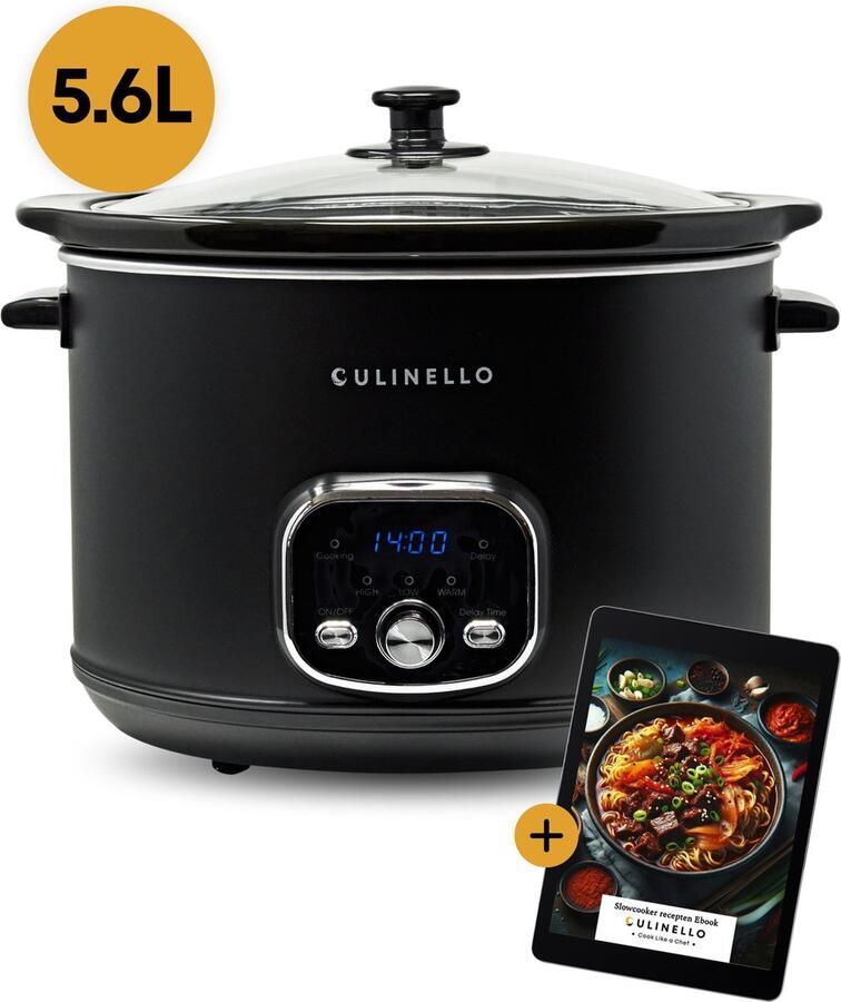 Culinello Digitale Slowcooker met Timer – 5.6 Liter – Incl. Digitaal Kookboek – Uitstelbare Timer – Uitneembare Keramische Binnenpan – 3 Warmtestanden – Zwart