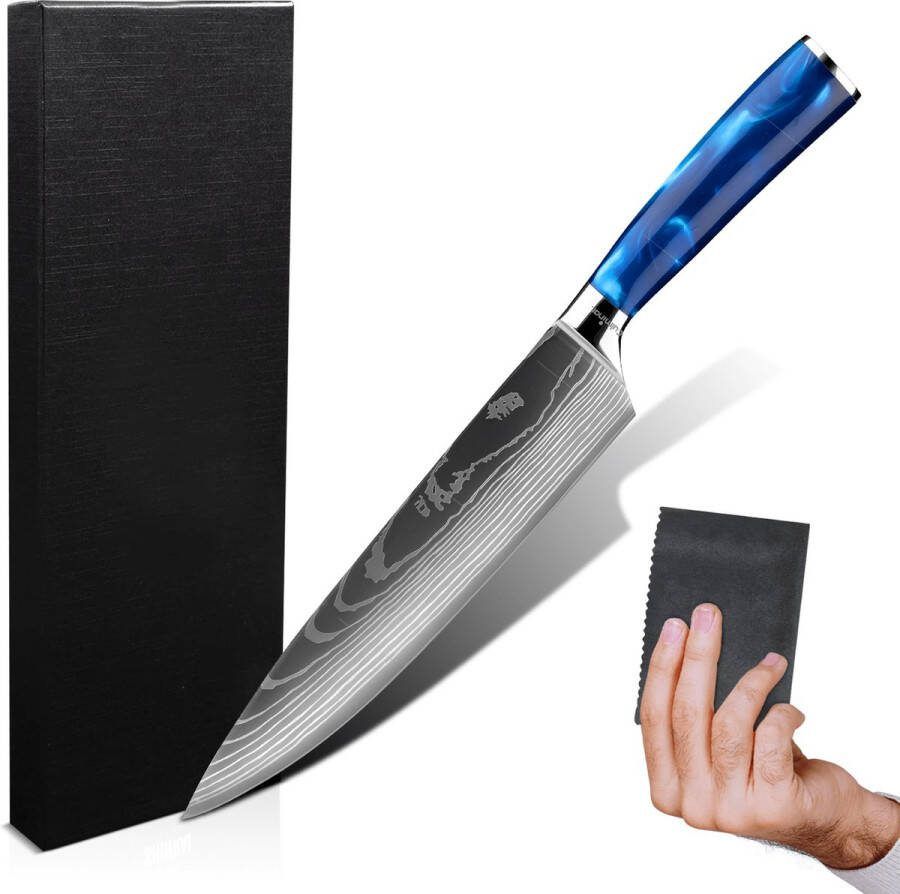 Culminar Japans Koksmes Japans mes 20 CM Sapphire Blue Damascus Print