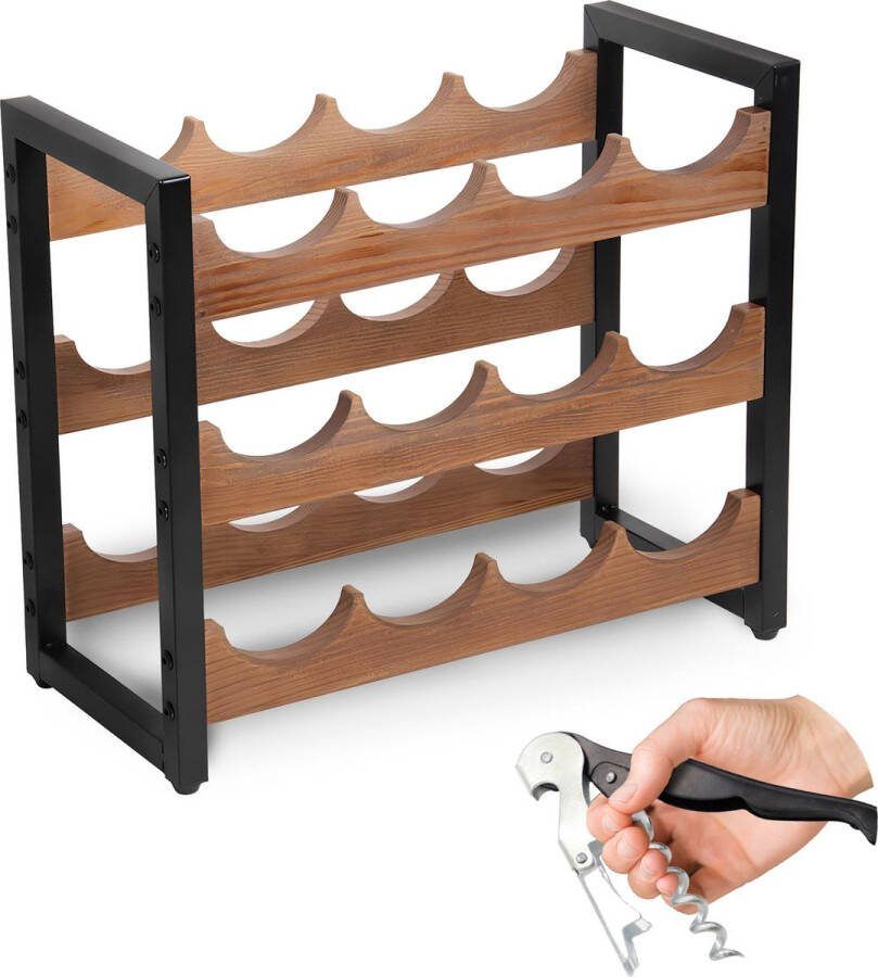 Culminar Wijnrek – Wijnrek hout – Wijnkast – Met Wijnopener – 44x20x35 cm – Zwart Metaal Hout