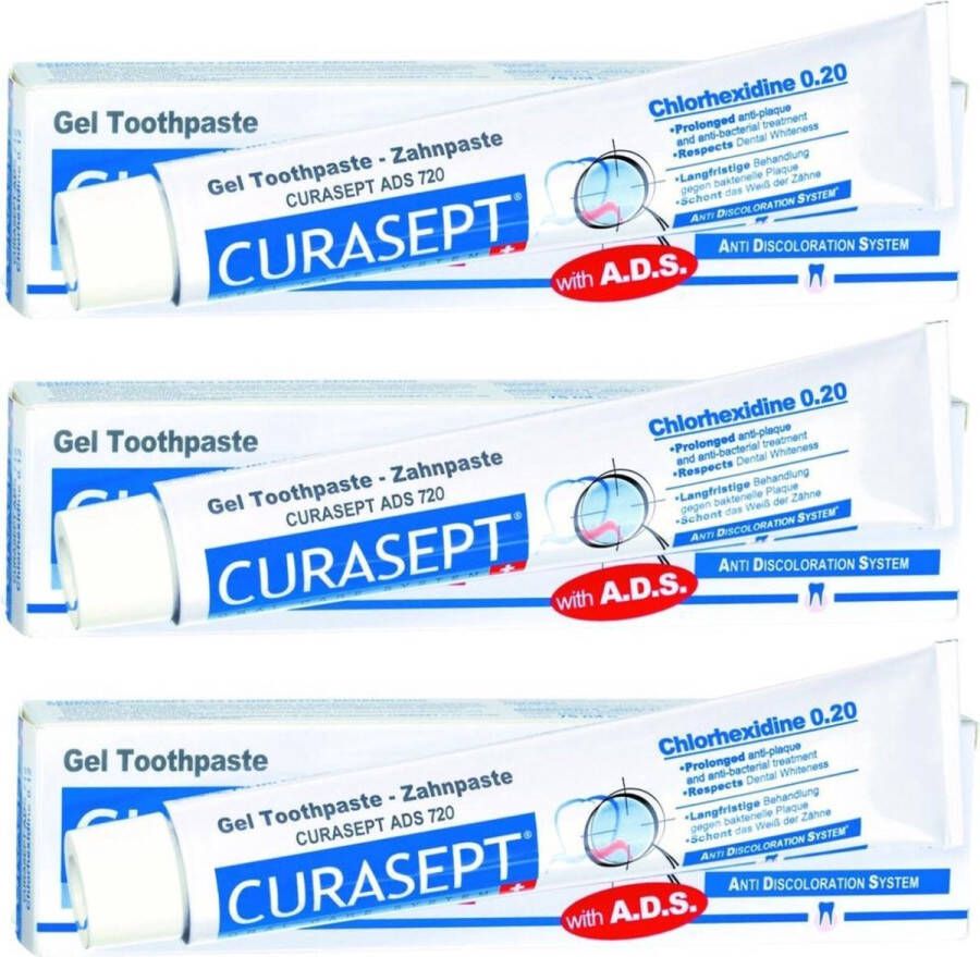 Curasept ADS 720 Gel Tandpasta CHX 0 20% met ADS Anti Discoloration System Krachtige Antibacteriële Bescherming voor Gezond Tandvlees en Mondhygiëne- 3 x 75ml