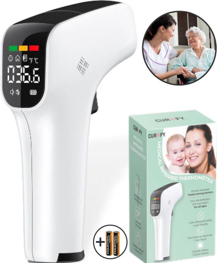 Curify Infrarood Thermometer Lichaam en Voorhoofd Contactloos Meten in 1 Seconde Medische Koortsthermometer Voor Volwassenen Kinderen en Baby Temperatuurmeter Voorhoofd en Lichaam