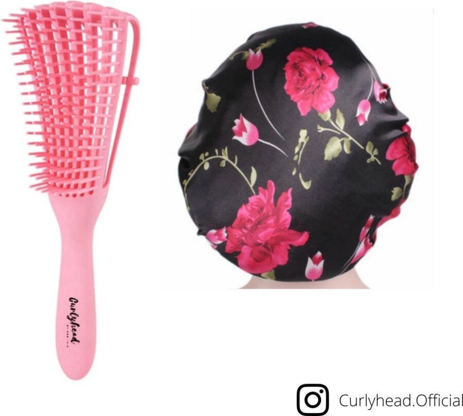 Curlyhead by Nari Roze anti klit borstel met zwarte bloemetjes satin cap| Detangling Brush with satijnen cap bonnet slaapmuts|Haarborstel Hairbrush Kam Tangle Teezer Krullend Haar Styling ontklit detangler
