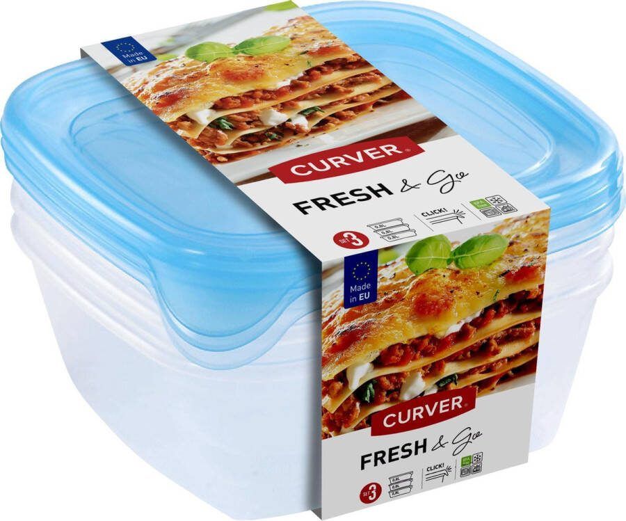 Curver Fresh & Go Vershoudbakjes met deksel Vierkant 3x0 8L 3 stuks Transparant Blauw