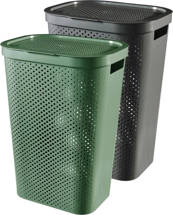 Curver Infinity Recycled Dots Wasmand met deksel 60L 2 stuks Antraciet + Groen