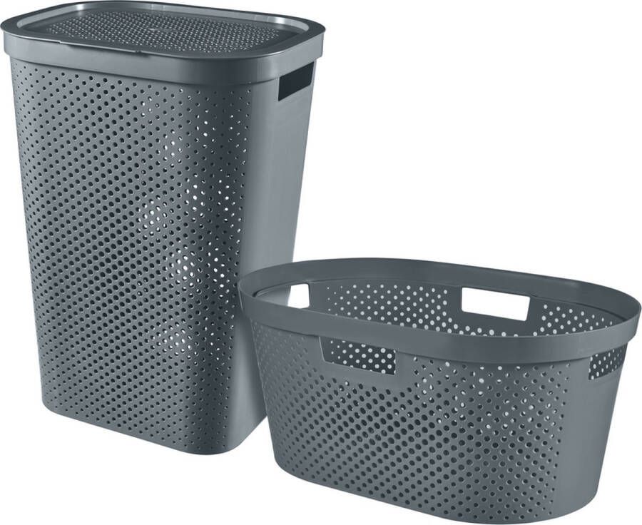 Curver Infinity Recycled Wasmand met deksel 60L + Wasmand 40L Antraciet