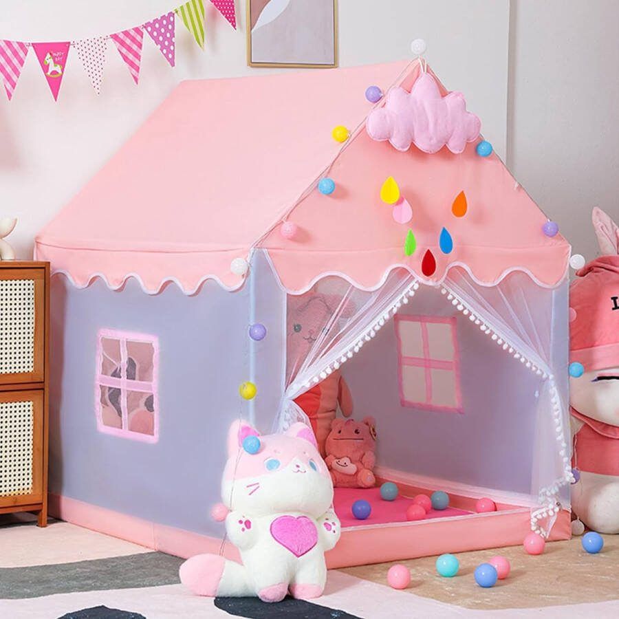 D&B Speeltent Speelhuisje voor Kinderen 105 x 121 x 136 Cm Kleur Roze Met Wolkendecoratie en Kleurrijke Verlichting