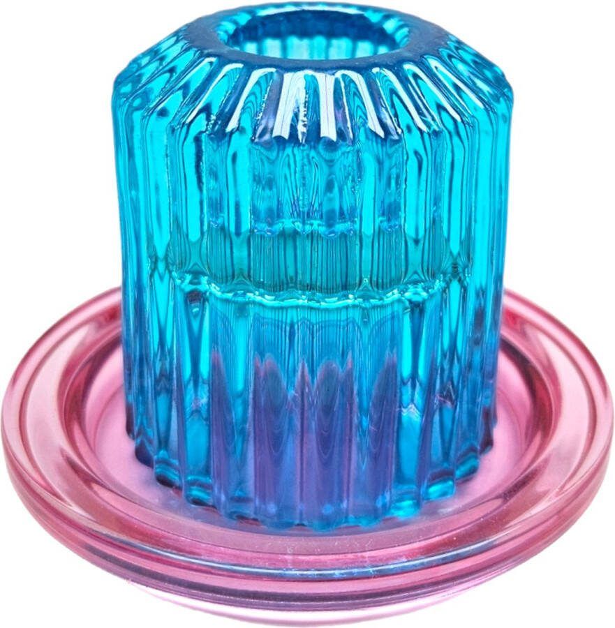 Daan kromhout Cactula glazen kandelaar voor 1 dinerkaars in Turquoise met lichtroze 7 cm trend 2023