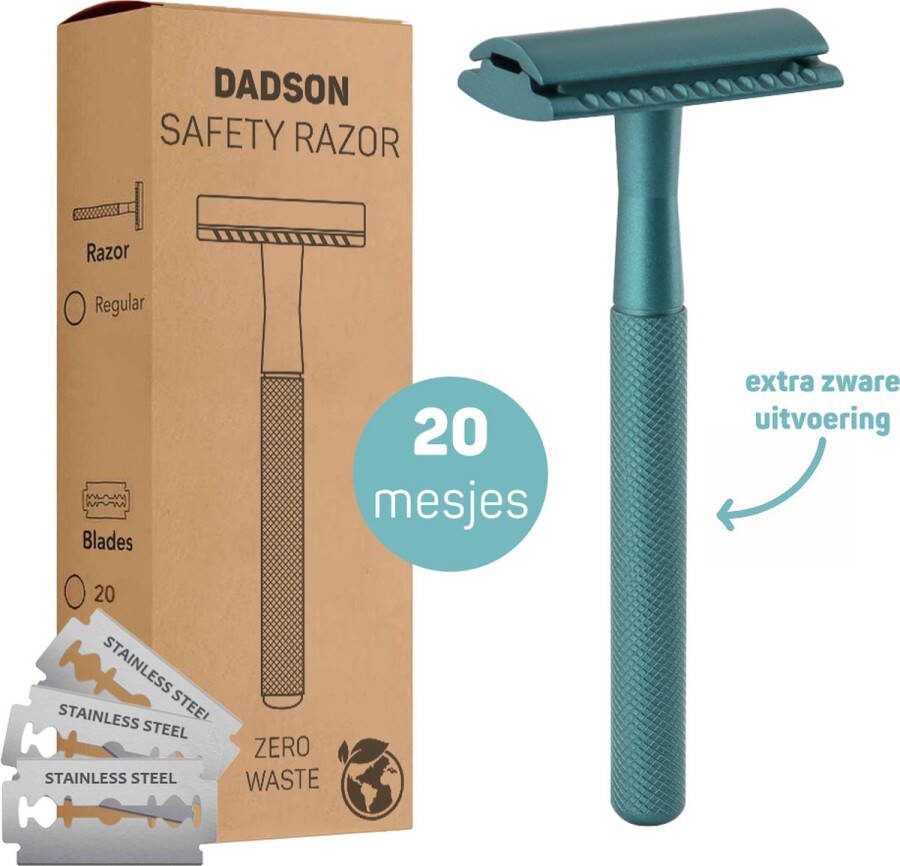Dadson Safety Razor Groen + 20 RVS Scheermesjes – Scheermes – Aluminium – Double Edge – Klassiek – Veiligheidsscheermes – Unisex – Duurzaam Scheren – Zero Waste
