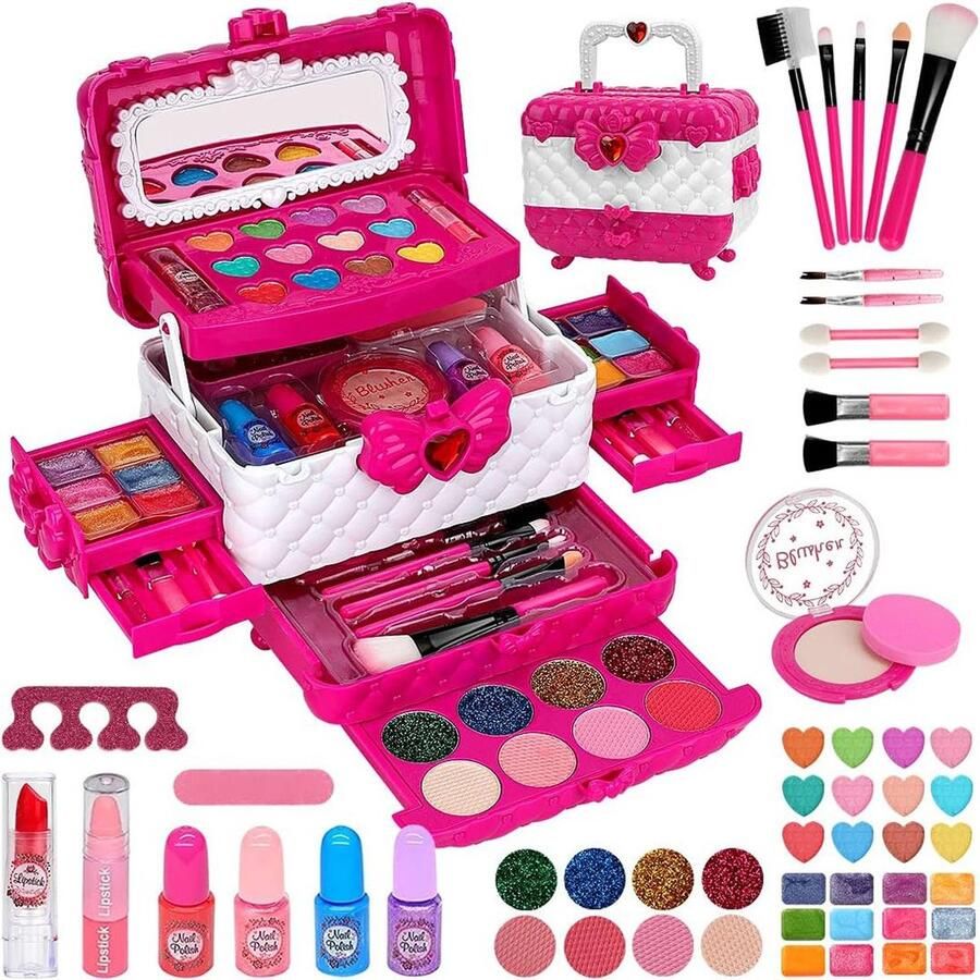 DailySujpplies Make up Koffer Meisjes Kinder Speelkoffer met Inhoud Makeupset voor Kinderen Roze met Wit 43delige Voor jouw Prinsesje
