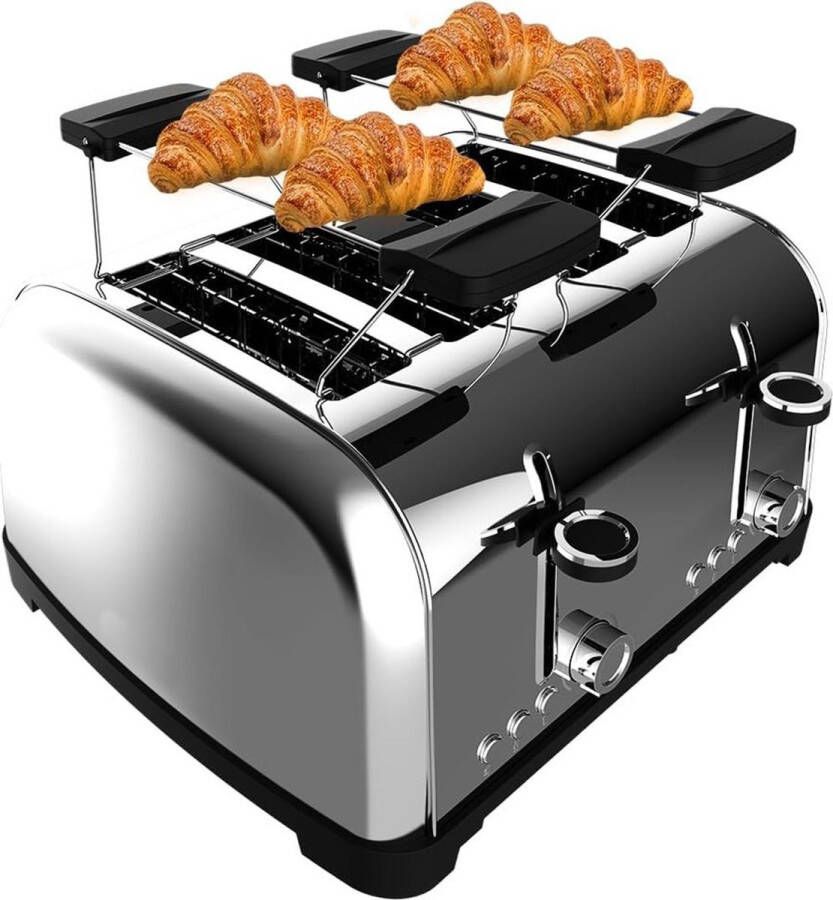 Dailysupplies Broodrooster met Tostiklemmen Broodroosters met Klemmen 4 Extra Brede Sleuven 5 Warmteniveaus 1700W RVS Zilver