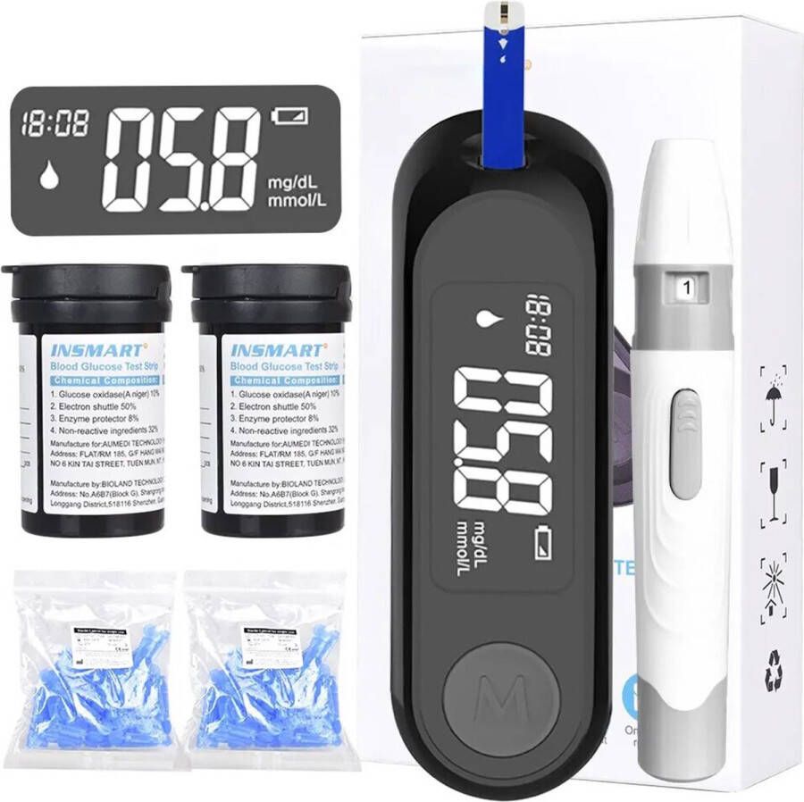Dailysupplies Compacte Zwarte Glucosemeter Startpakket met 100 Teststrips Bloedsuikermeter Bloedglucosemeter