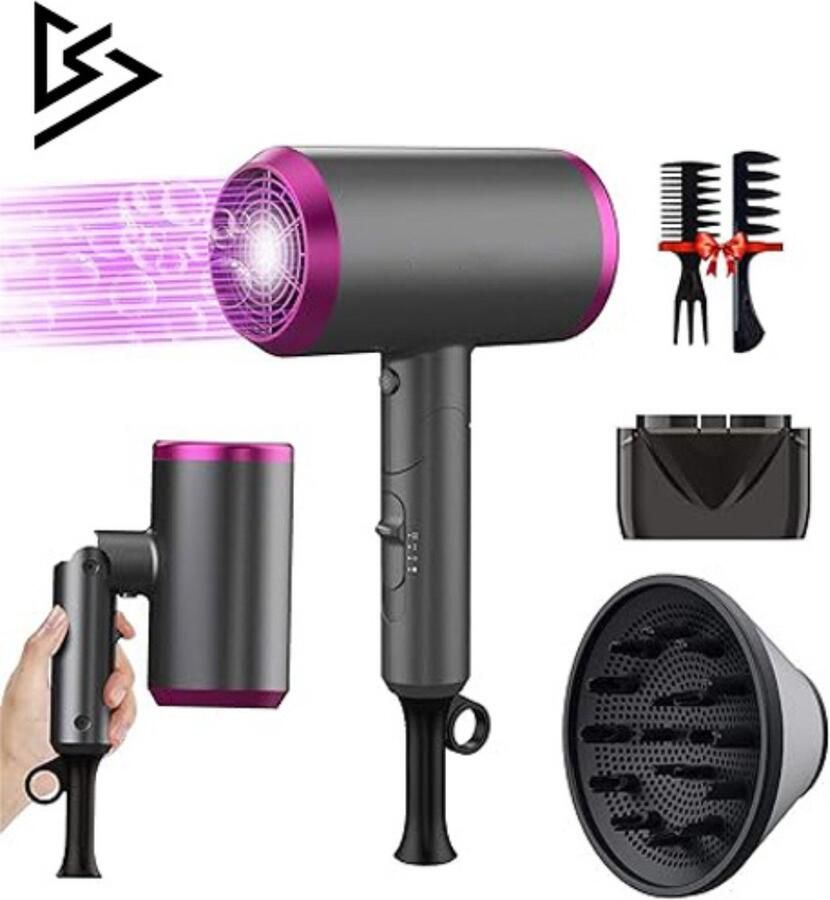 Dailysupplies Fohn met Diffuser Haardroger Krullen Haarfohn Fohnborstel Grijs met Roze