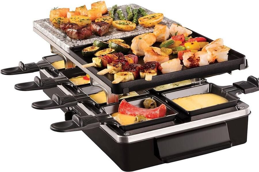 Dailysupplies Gourmetstellen 8 Personen Gourmetset met Pannetjes Teppanyaki Bakplaat Steengrill Raclette Zwart Top Kwaliteit