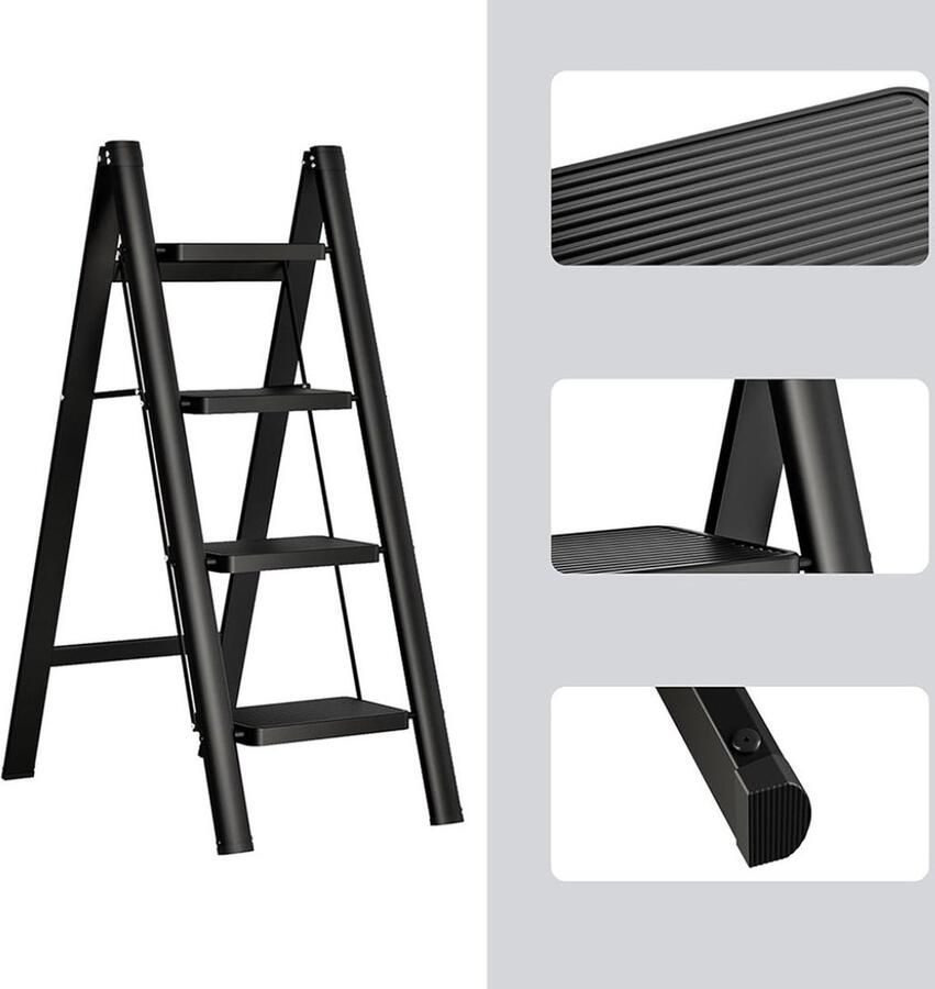 Dailysupplies Huishoudtrap 4 Treden Keukentrap Inklapbaar Antislip Extra Stevig Zwart