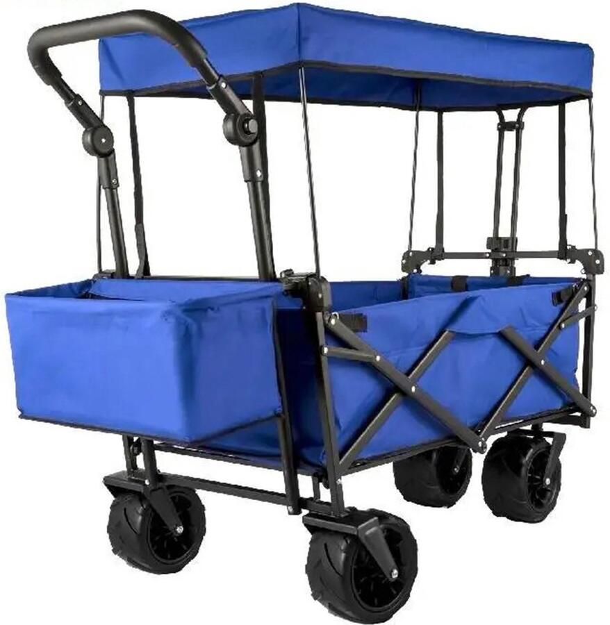 Dailysupplies Luxe Grootte Blauwe Bolderkar Opvouwbaar Luchtbanden Tuinkar Kindervervoer Strandkar met Dak 100Kg Draagvermogen 100x55cm