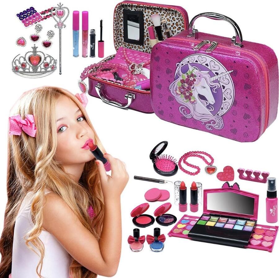 Dailysupplies Make up Koffer Meisjes Kinder Speelkoffer met Inhoud Make upset voor Kinderen Donker Roze Voor jouw Prinsesje