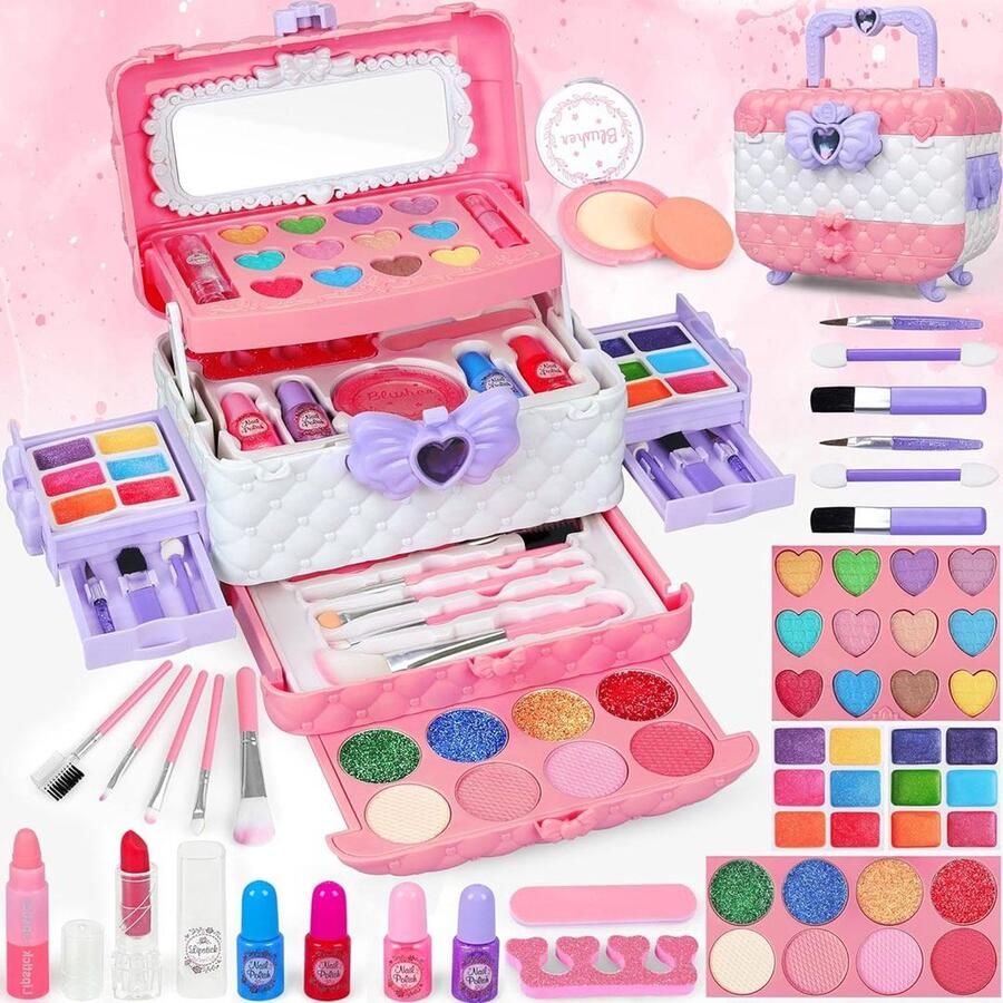 Dailysupplies Make up Koffer Meisjes Kinder Speelkoffer met Inhoud Make upset voor Kinderen Roze met Paars 54 delige Voor jouw Prinsesje