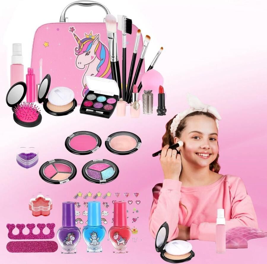 Dailysupplies Make up Koffer Meisjes Kinder Speelkoffer met Inhoud Make upset voor Kinderen Roze Koffer met Eenhoorn Voor jouw Prinsesje