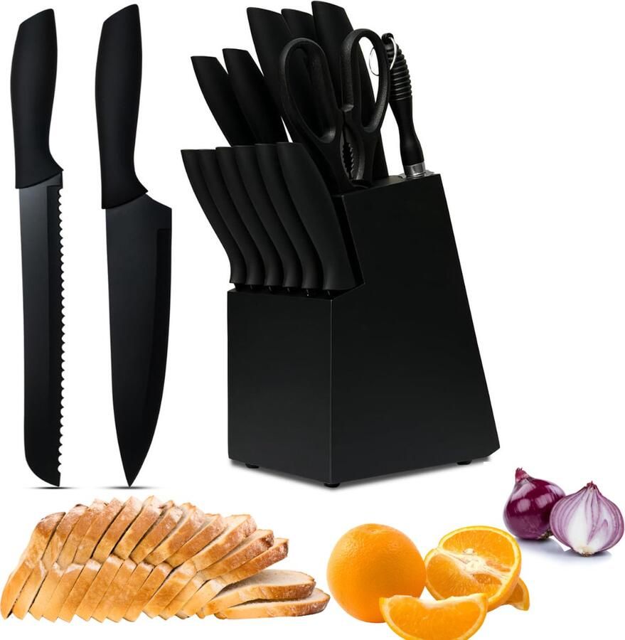 Dailysupplies Messenset met Blok Messensets met Messenblok Koksmes Keukenmessen Set Super Scherp ALL BLACK EDITION